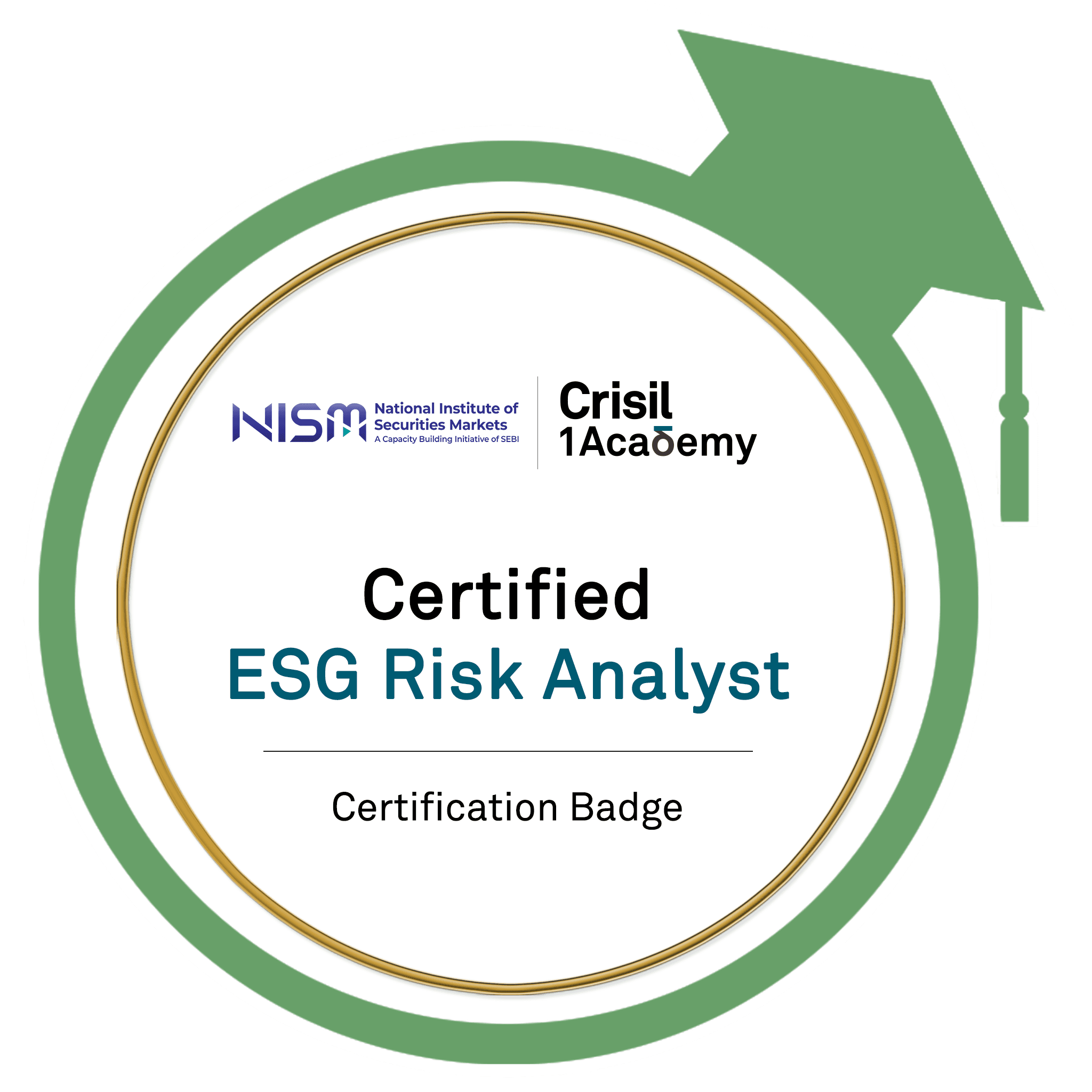 Certified ESG Risk Analyst badge, issued by NISM and CRISIL Academy